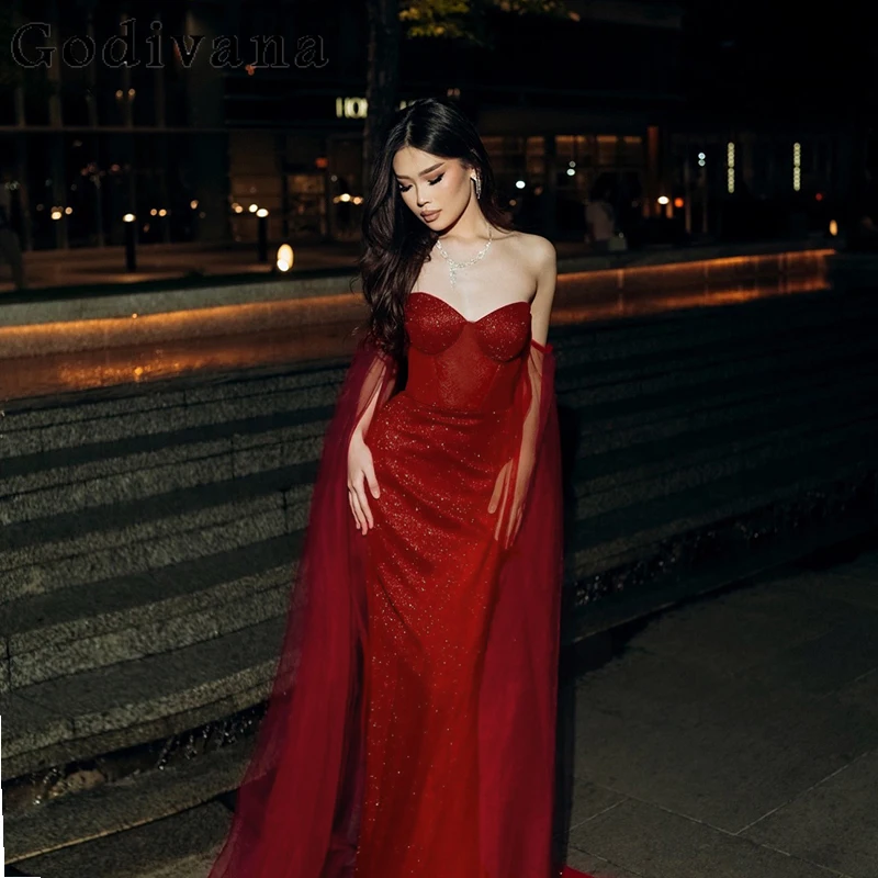 

Temperament Red Sexy French Banquet High Waist Strapless Dress Spring Autumn New Slim Gauze Long Sleeve Party Fishtail Dresses