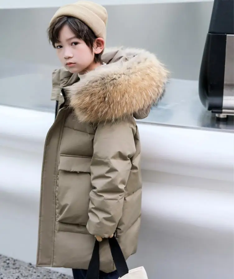 Boy Down Jacket Winter New Rela Fur Collar Down Outerwear Children Loose Thicker Big Pocket Down Coats 6-14 Years Wz1270