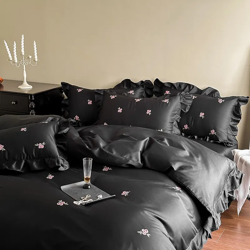 Black Premium Elegant Floral Embroidery Bedding set Chic Ruffles 1000TC Egyptian Cotton Soft Duvet Cover Bed Sheet Pillowcases