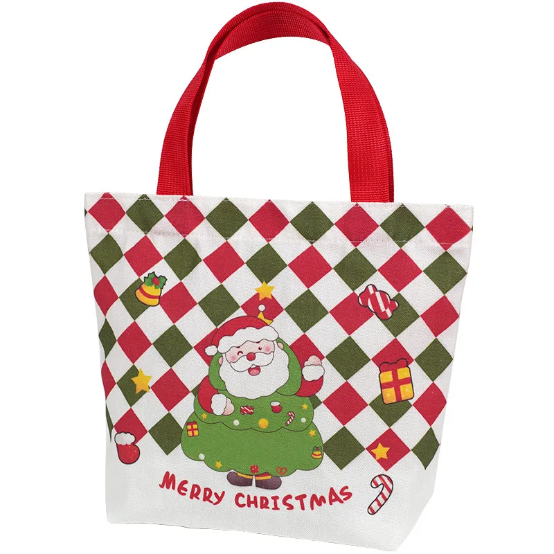 

Cartoon Christmas Gift Bag Santa Claus Plaid Canvas Tote Bag Christmas Eve Apples Gift Box Handbag Large Capacity Shopping Bag