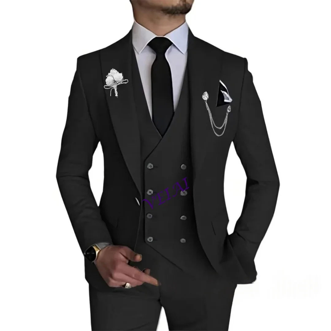 

CustomizedMen's 3 Piece Slim Fit Wedding Tuxedo Set Peak Lapel One Button Suit Jacket Double Breasted Vest Pants