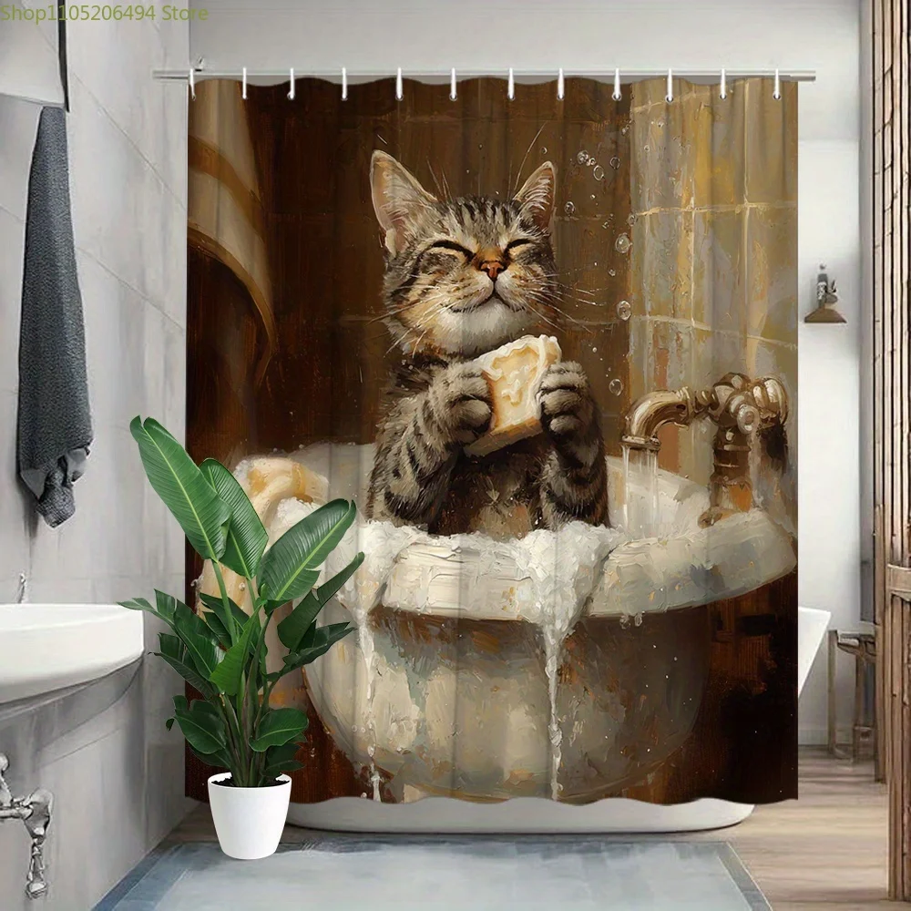 Cute Cat Taking Bath Shower Curtain, Soap Holding Kitten Design, Waterproof Bath Liner for Home Decor, Cozy Bathroom Idea