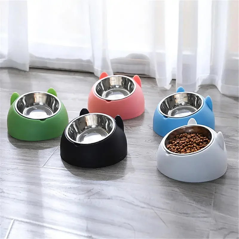 yes1PC Gamelle inclinée surélevée en acier inoxydable pour chat avec support oreilles mignonnes, pour eau et nourriture, conception de protection du cou pour animaux de compagnie