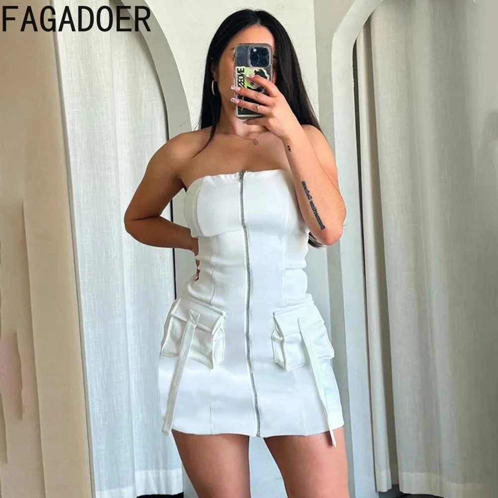 FAGADOER Fashion Solid Color Zipper Pocket Cargo Bodycon Mini Dresses Women Sleeveless Backless Slim Vestidos Female Streetwear