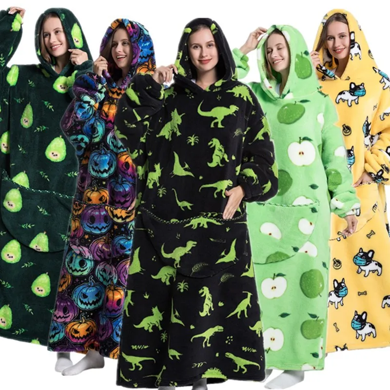 Warm Clothes Lazy Blankets Hats Long Ankles Thick Women's Home Pajamas Are Cute In Autumn And Winter