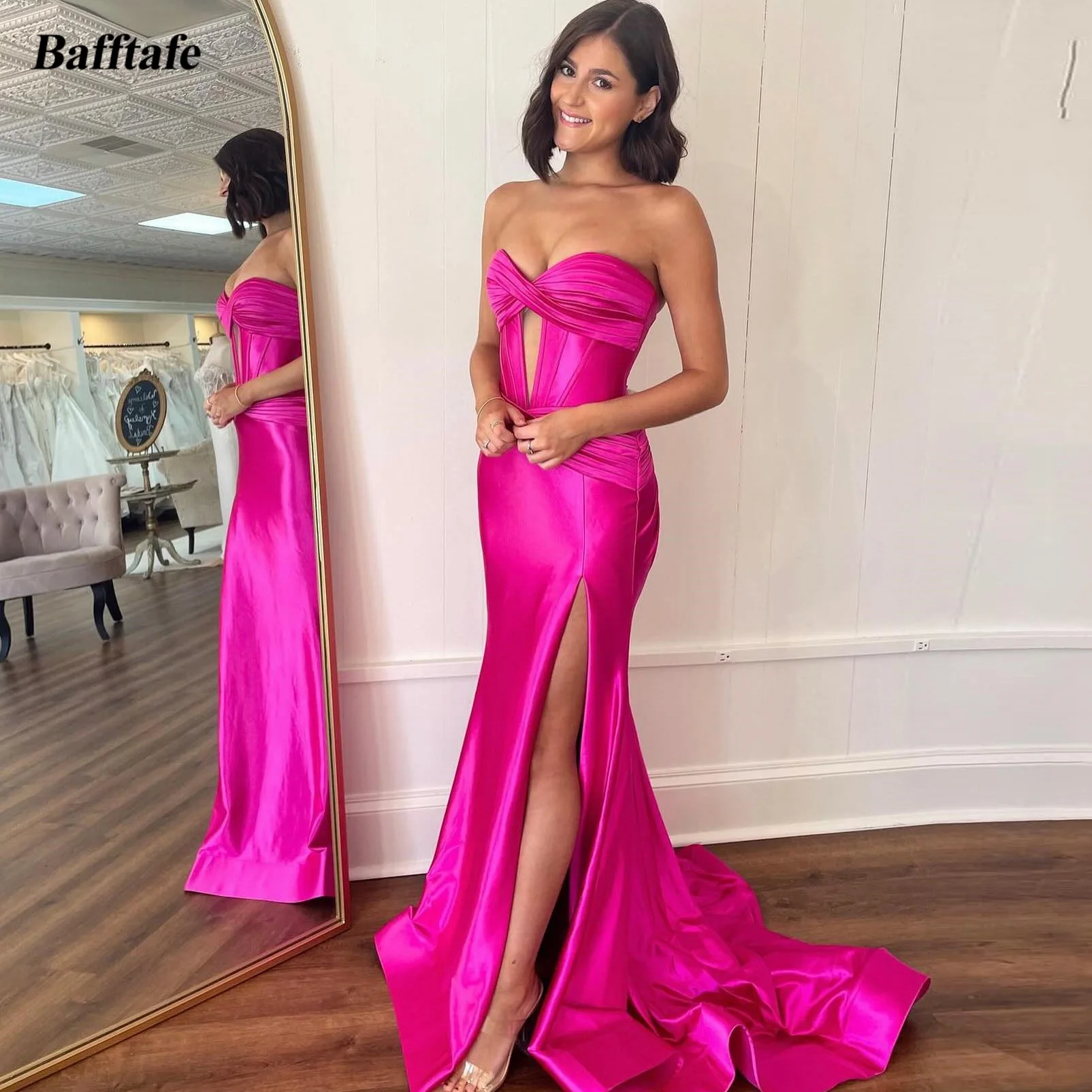 Bafftafe Customized Fuchsia Satin Mermaid Evening Dresses Pleated Slit Fishtail Long Formal Birthday Party Gowns Prom Dress 2024