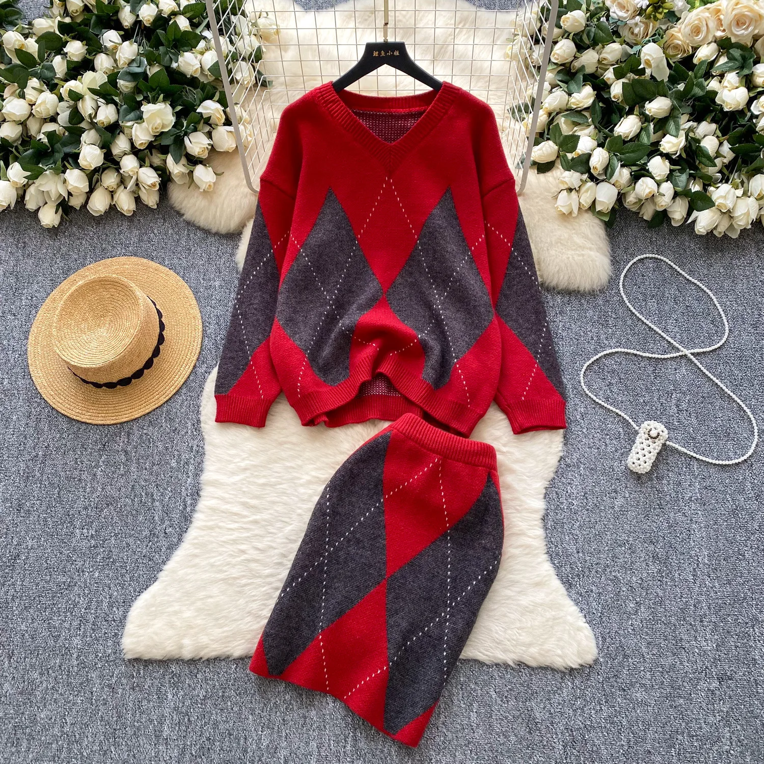 

Two Pieces Knitted Dress Sets Women Diamond Pattern Sets V Neck Pullover Sweater Bodycon Mini Lenth Skirt Matching Sets Autumn