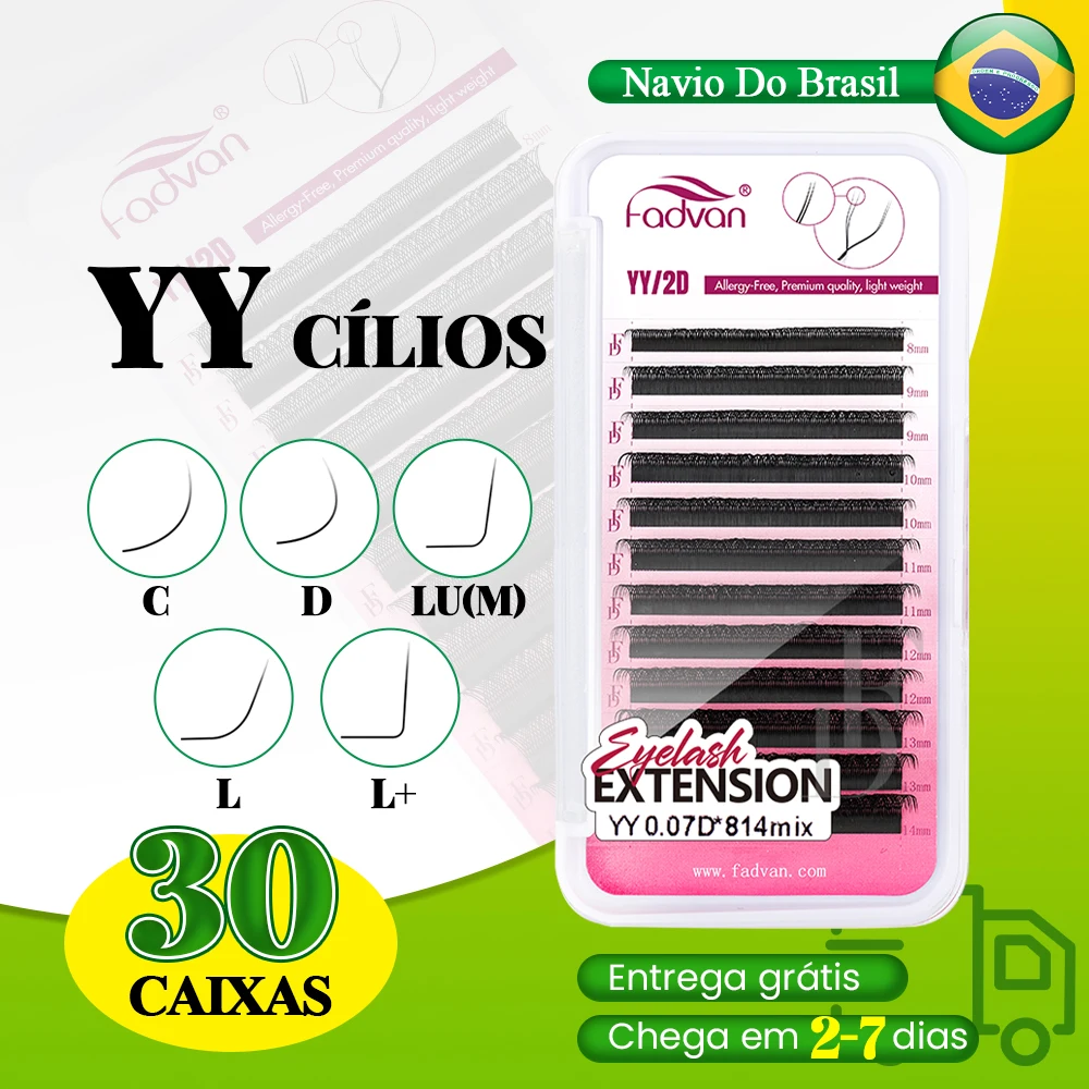 FADVAN YY Lashes 30/50 PCS D Curl YY Shape Lashes Pré-fabricados Ventiladores de volume Envio do Brasil