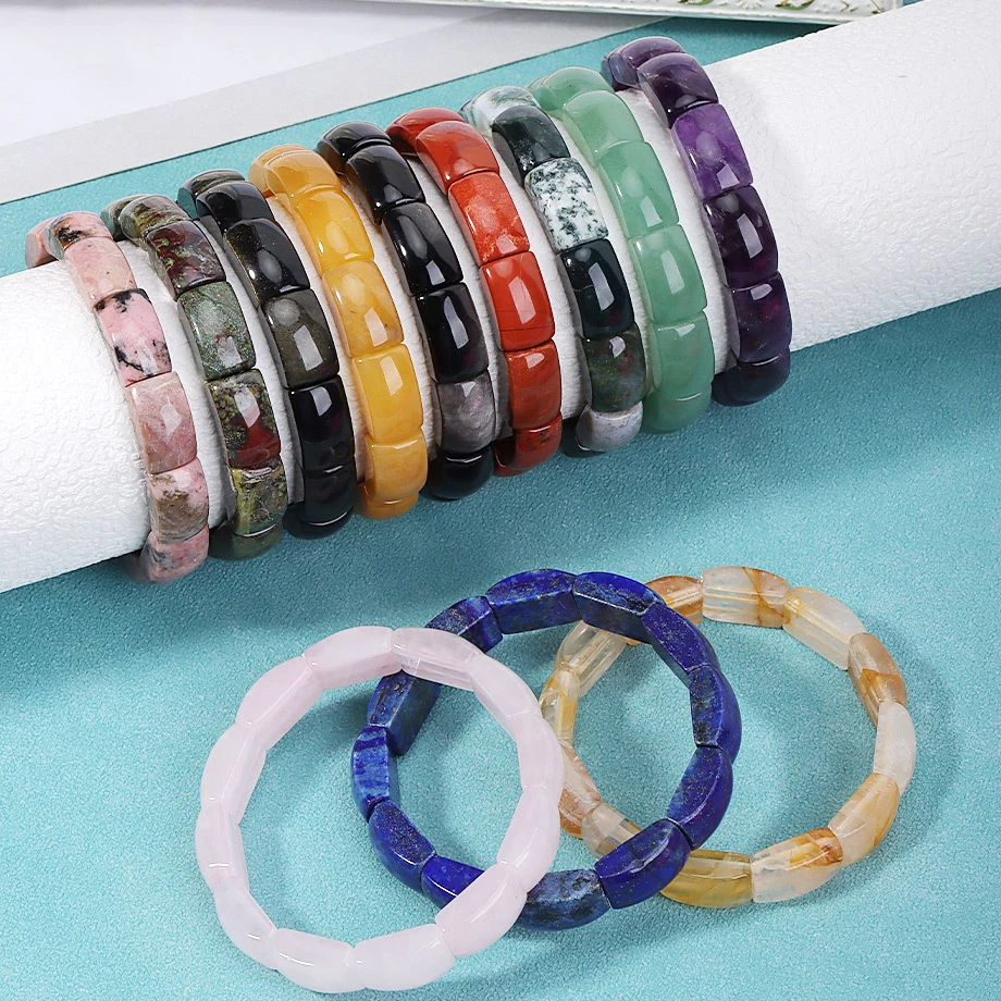 1pc Natural Stone Elastic Bracelet Vintage Handmade Charm Tiger Eye Green Aventurine Rectangle Wristband Jewelry For Women Man