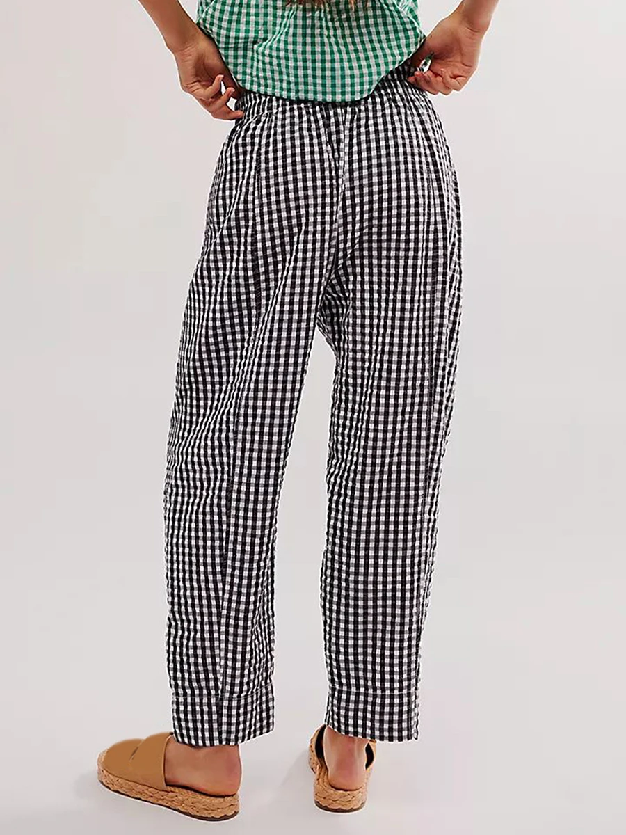 Vrouwen linnen pyjamabroek elastische taille rechte wijde pijpen gestreepte geruite print loungebroek casual losse pasvorm uitgaan bodems