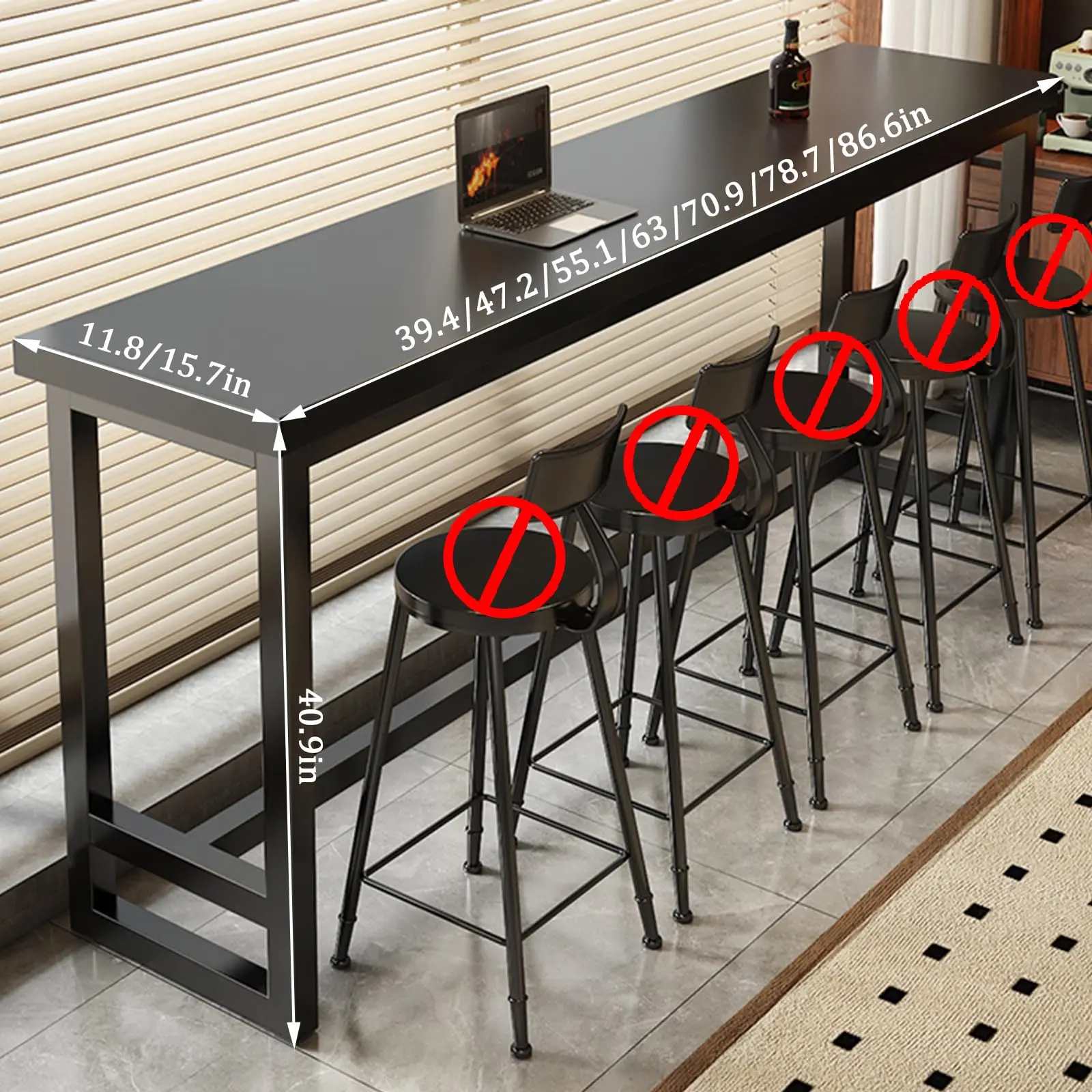 Tall Bar Height Dining Table for Kitchen or Cafe, Long Narrow Pub Counter with Metal Frame, High Top Breakfast Table