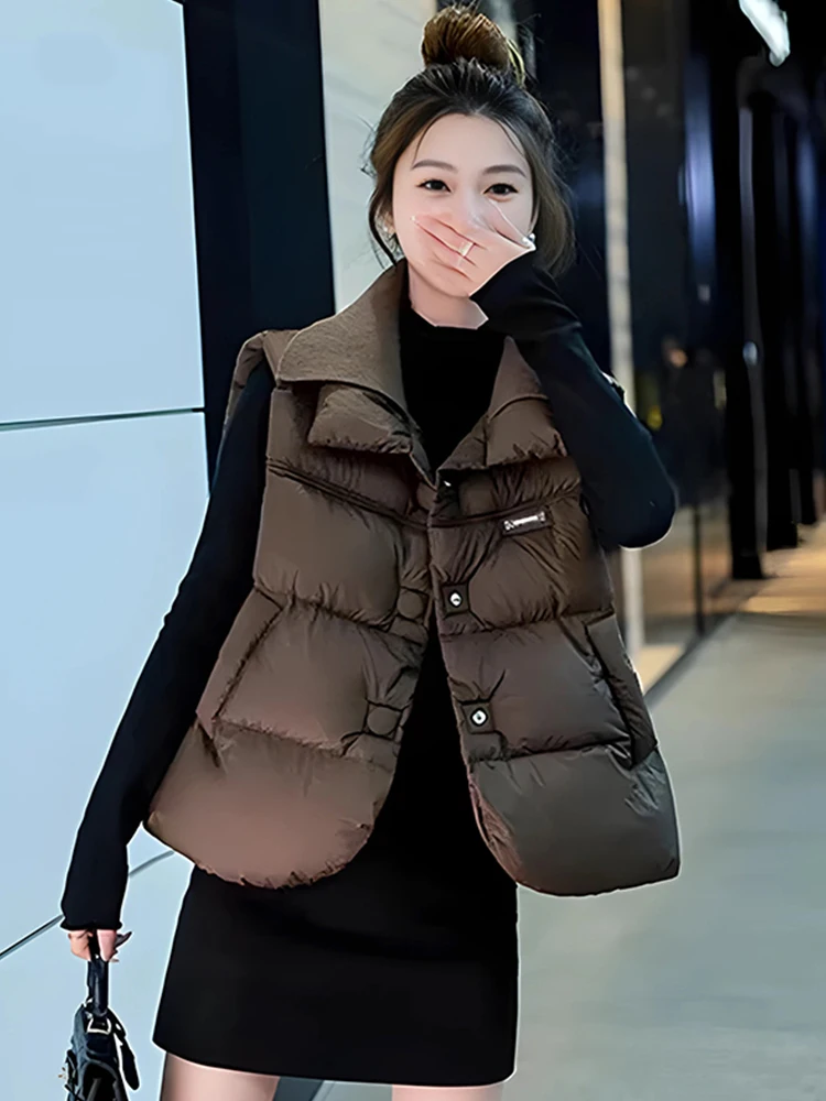 

Loose Double Layer Knitted Ne down Cotton Vest Women's Faion Autumn Winter New Sle Collar Warm Thiened Outerwear