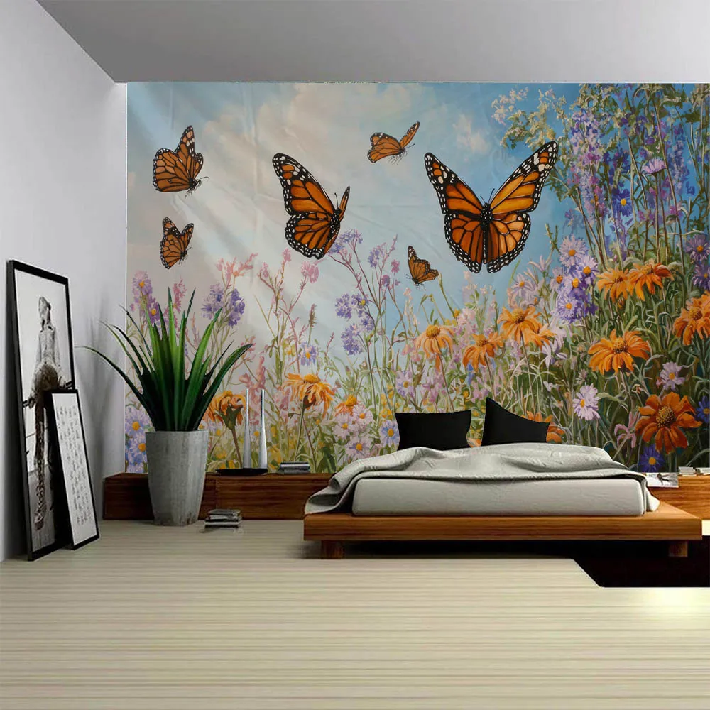 Dreamy Figures Flower Sea Butterfly Wall Tapestry - Landscape Oil Painting Living Room Decorative Background Cloth