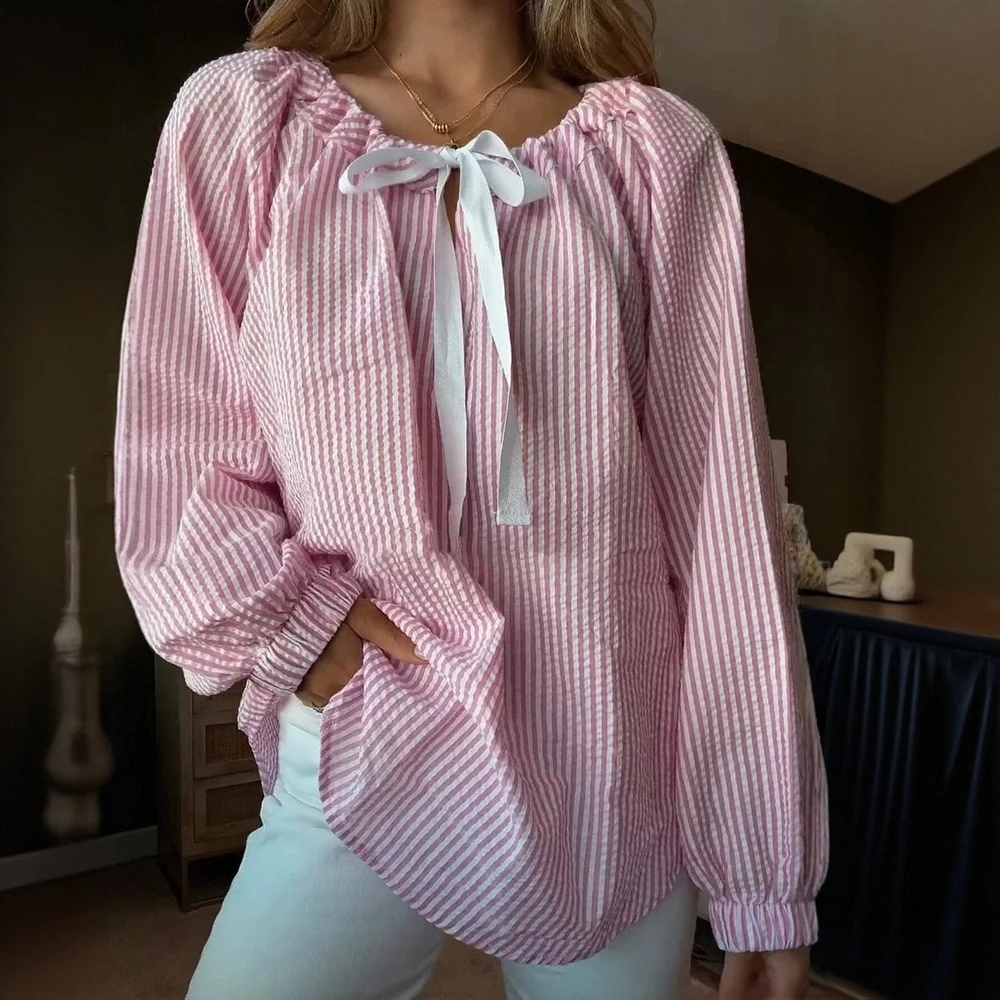 

Женские блузки, осенне-зимние модные молодежные повседневные блузки в полоску с бантом и длинным рукавом с круглым вырезом, повседневные блузки
