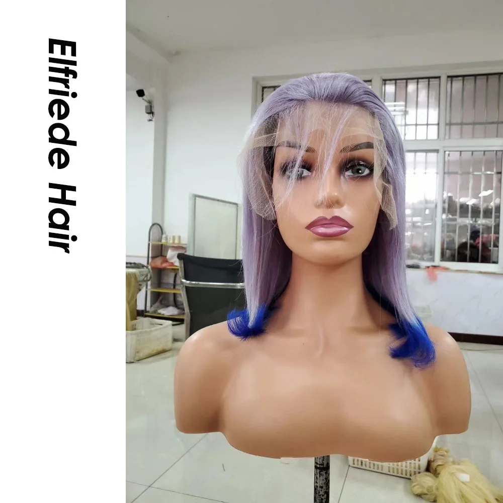 Elfriede wig rambut Bob berwarna biru abu-abu Ombre wig rambut manusia 4x4 penutup renda 13x4 13x6 wig rambut Bob pendek Frontal renda untuk wanita