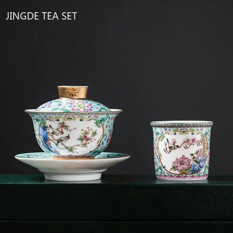 Jingdezhen Enamel Color Ceramic Gaiwan Chinese Tea Set Sancai Tea Bowl Portable with Cover Teacup Household Custom Teaware