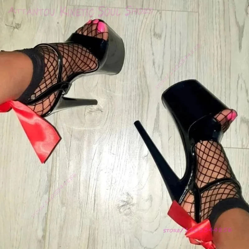 20cm /8 Inch Black Patent Leather Peep Toe Pole Dancing Sandals For Women Vibrant Red Stiletto Open Heels Sexy Heels Ankle Shoes