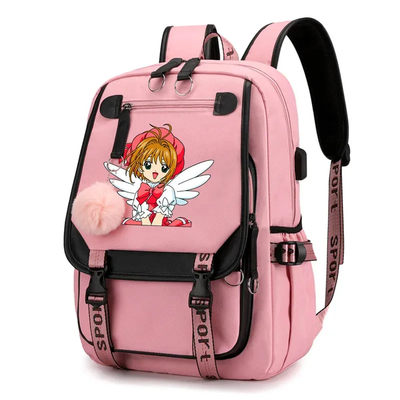 Sky02 أنيمي بطاقة الآسر ساكورا على ظهره النايلون مدرسة كتاب الطالب حقائب السفر كمبيوتر محمول عادية منفذ USB حقيبة ساعي88Ji