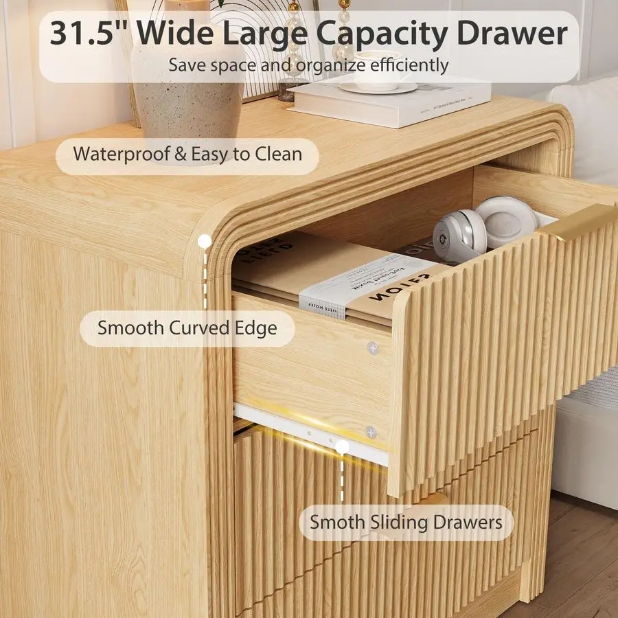 ตู้ลิ้นชัก 3 ชั้น สูง 31.8 นิ้ว สำหรับห้องนอน ตู้ลิ้นชักไม้สไตล์โมเดิร์นพร้อมขอบมนและมือจับโลหะ โต๊ะข้างเตียงขนาดใหญ่