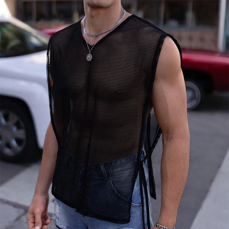 Nightclub Mens Sexy Tank Top Hollow Out Side Lace-up Sleeveless Sexy Mesh Tops Men Summer Fashion V Neck See Through Mesh Vest