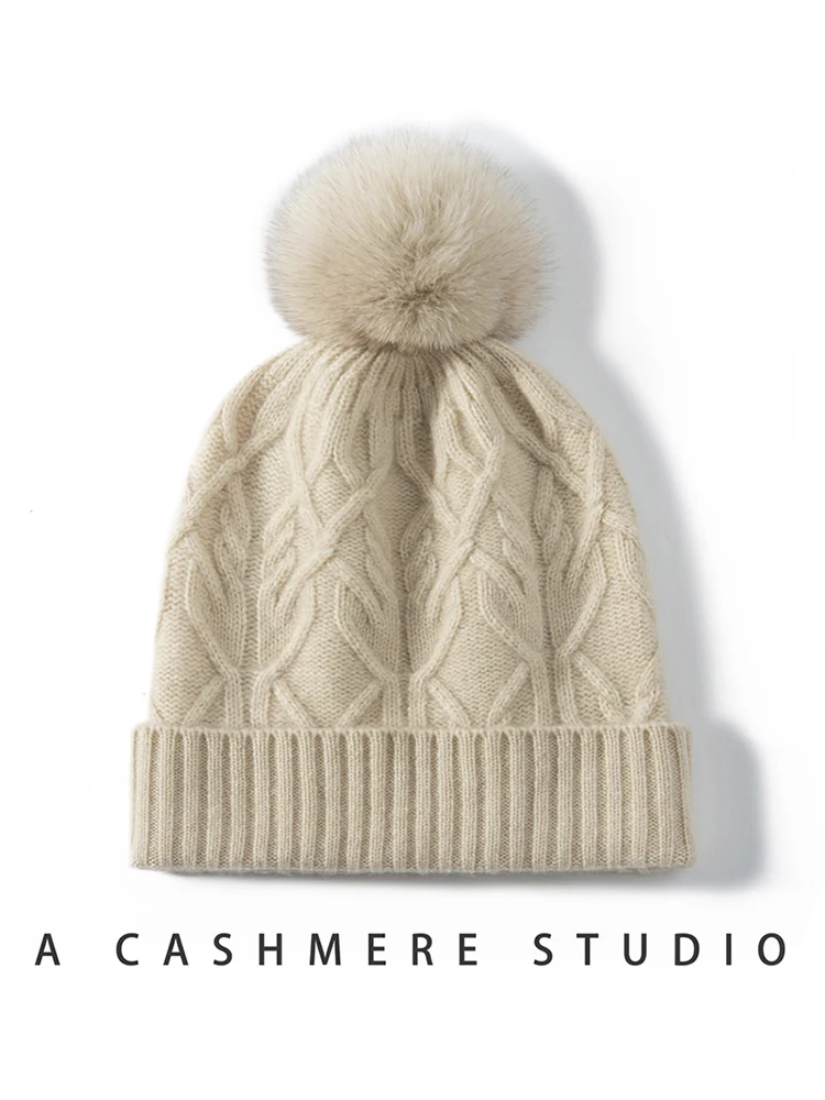 TLOML Women's 100% Cashmere Cable Knitting Hats Autumn Winter Cashmere Hat Warm Pullover Caps Casual Simple Style Cashmere Hats