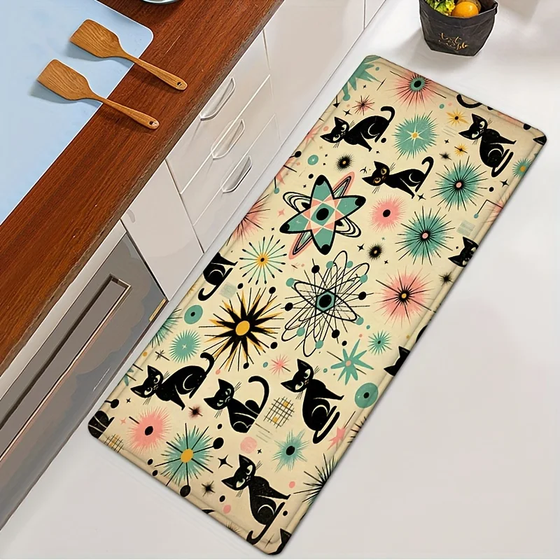 1pc 2D Flat Retro Black Cats Atomic Starburst Mid Century Flannel Door Mat Non Slip Vintage Pet Rug For Entryway Kitchen Floor