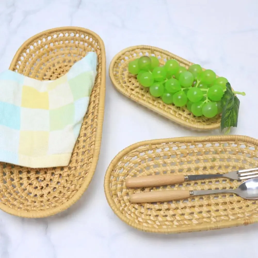 New Oval Rattan Woven Storage Basket Bread Fruit Food Storage Tray Knife and Fork Baskets Breakfast Display Box Home Decoration