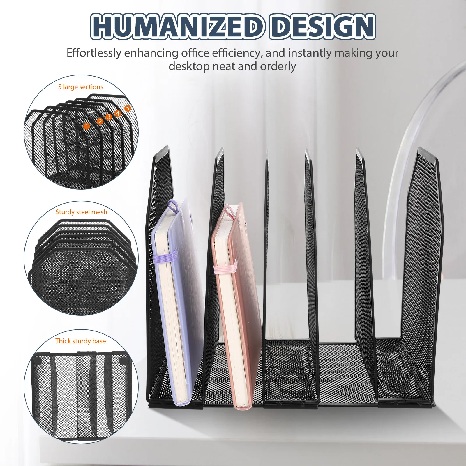 Metal Mesh Desktop File Organizer 5 Sections Upright File Holder Office Home Study Desk Storage Table Organizer