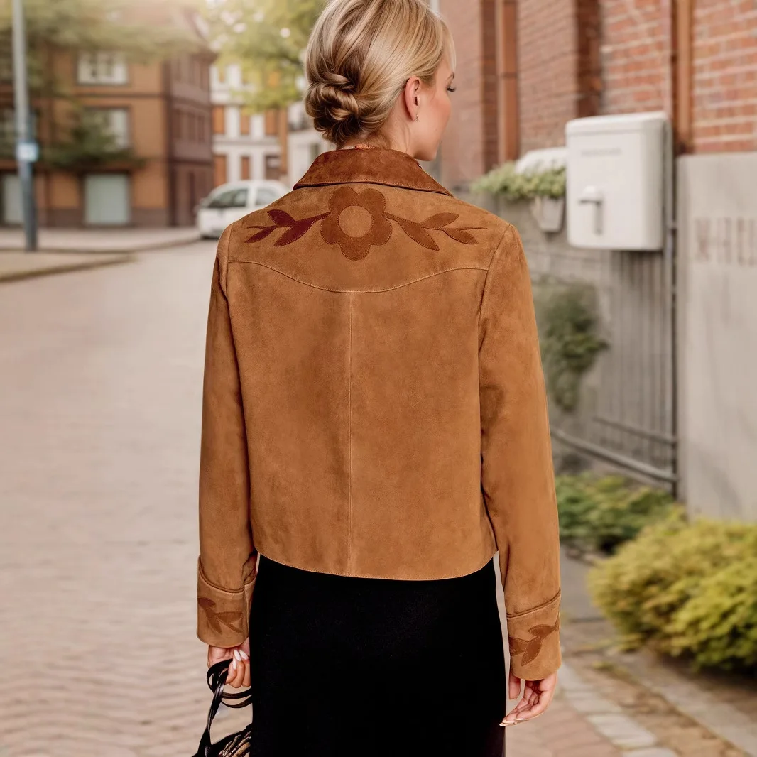 Women Faux Suede Floral Embossed Cropped Jacket Turn Down Collar Button Up Vintage Chic Short Outerwear Coat For Autumn Wear