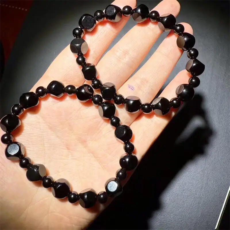 

9MM Natural Black Obsidian Faceted Bead Bracelet Fashion Gemstone Jewelry Women Healing Bohemia Holiday Gift 1PCS