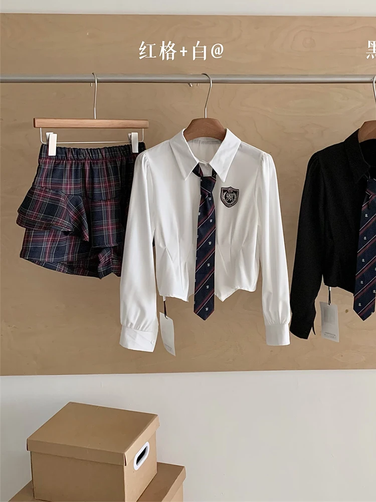 Women Japanese Y2k Preppy JK Coquette Gyaru 2000S Coquette Outfits 2 Piece Set Long Sleeve Skirts With Tie + Mini Plaid Skirts