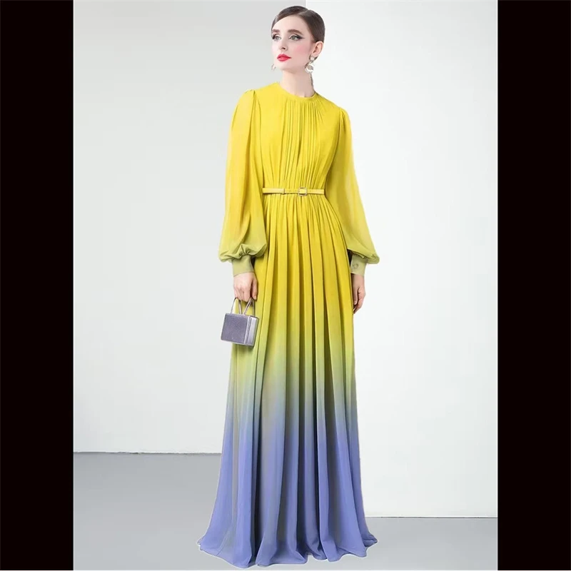 

High Quality Gradient Colored Dresses Spring Women Lantern Sleeve O Neck Long Dress Autumn High Waist Loose Zipper Pleated Dress
