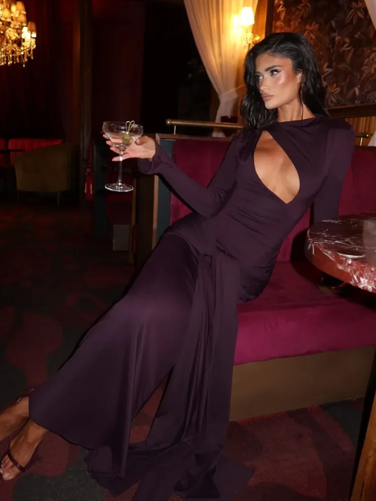 Fmxires Hollow Out Bandage Party Sexy Jurken Elegante Geplooide Bodycon Maxi Lange Jurk Vrouwen 2025, Herfst Winter Jurk Vestidos