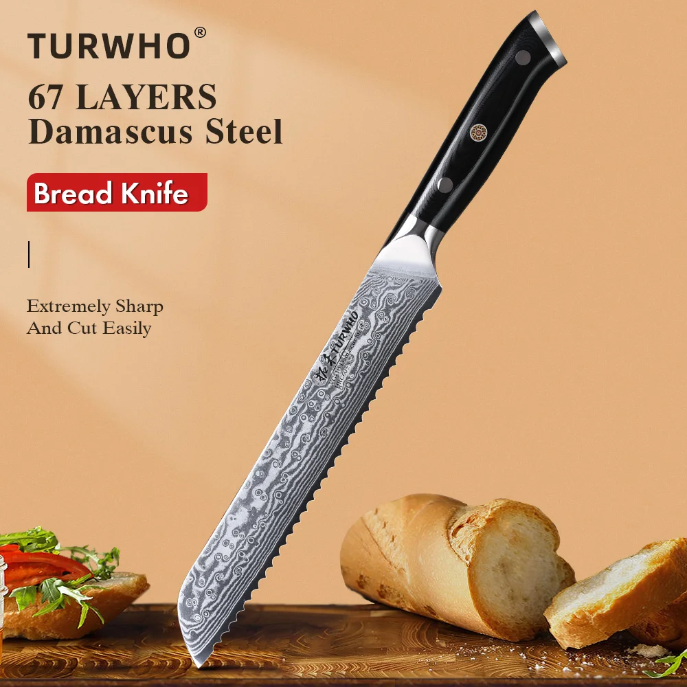Turwho 8 "gezacktes Brotmesser 67 Schicht Damast stahl Küchenchef Messer gezackt schneiden Eis Toast