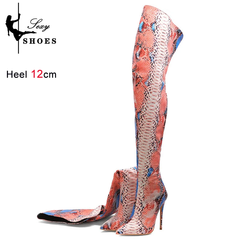 New Women's Over-the-knee Boots Super High Heeled 10cm 12cm Tall Thigh High Boots Snakeskin Pointed Handmade Shoes Large Size 45