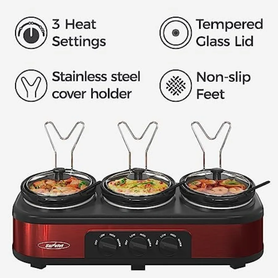 Triple Slow Cooker Buffet Server with 3 Removable Ceramic Pots Stainless Steel Red 3 Adjustable Temp Settings 3 Metal Lid Rests