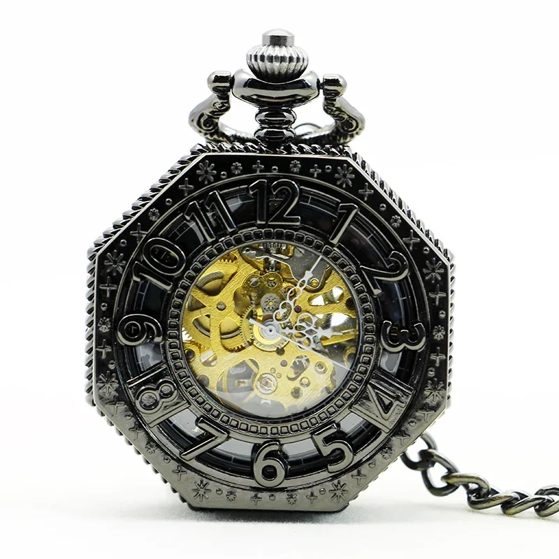 

Hexagonal Mechanical Pocket Watch Black Hollow Fob Chain Men and Women Lady Watches Mens Vintage Gifts Relojes De Bolsillo