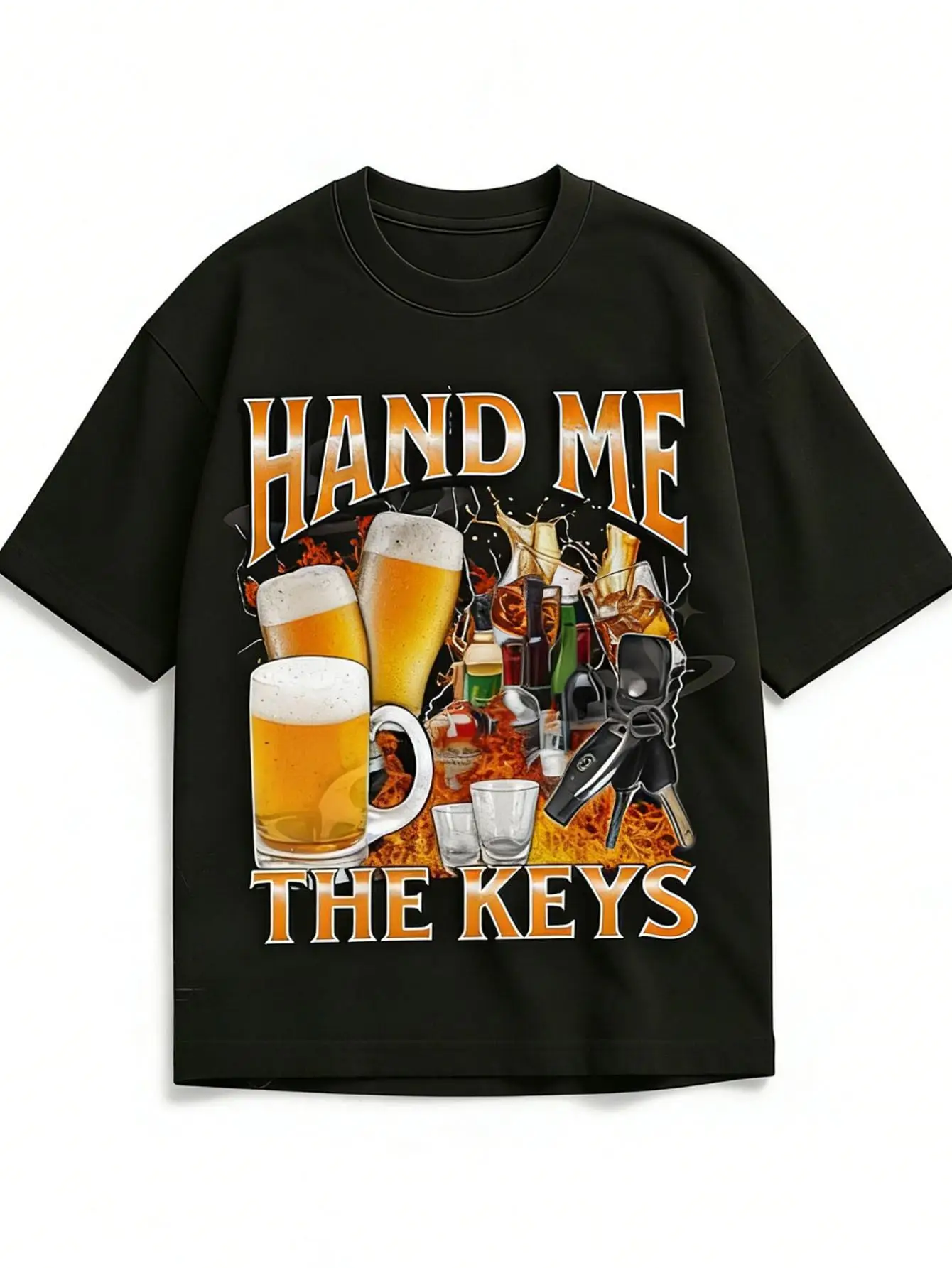 Graphic T-Shirt Featuring A Humorous Alcoholic Meme, Chaotic Design Controversial Message Edgy Style Black T Shirt
