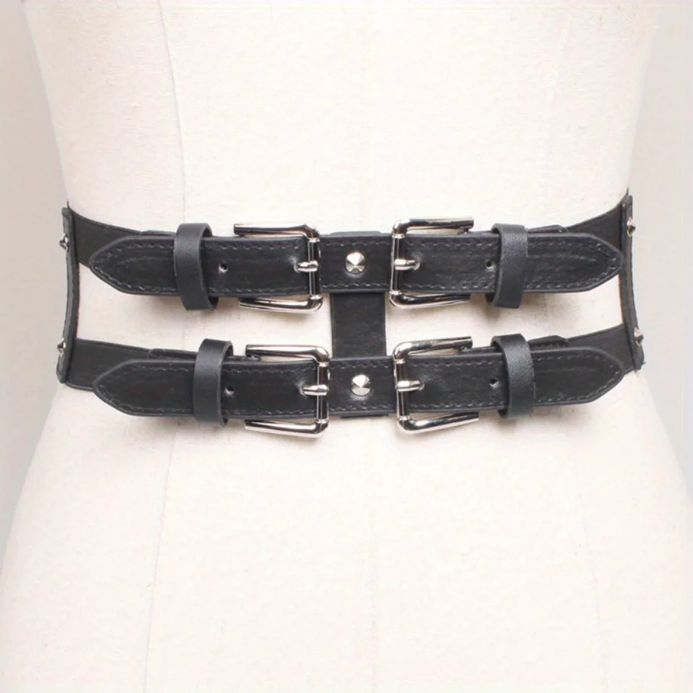 

Gothic Double Buckle Waist Cincher Belt, Adjustable PU Leather Corset Belt for Women, Punk Waist Harness for Dress, Y2K Streetwe