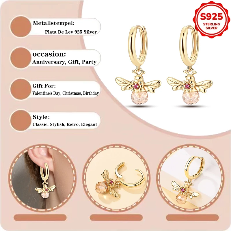 S925 Silver Women Huggie Hoop Dangle Earrings Cute Bee Pendant Drop Earrings Pink Faceted Crystal Insect Animal Ear Jewelry Gift