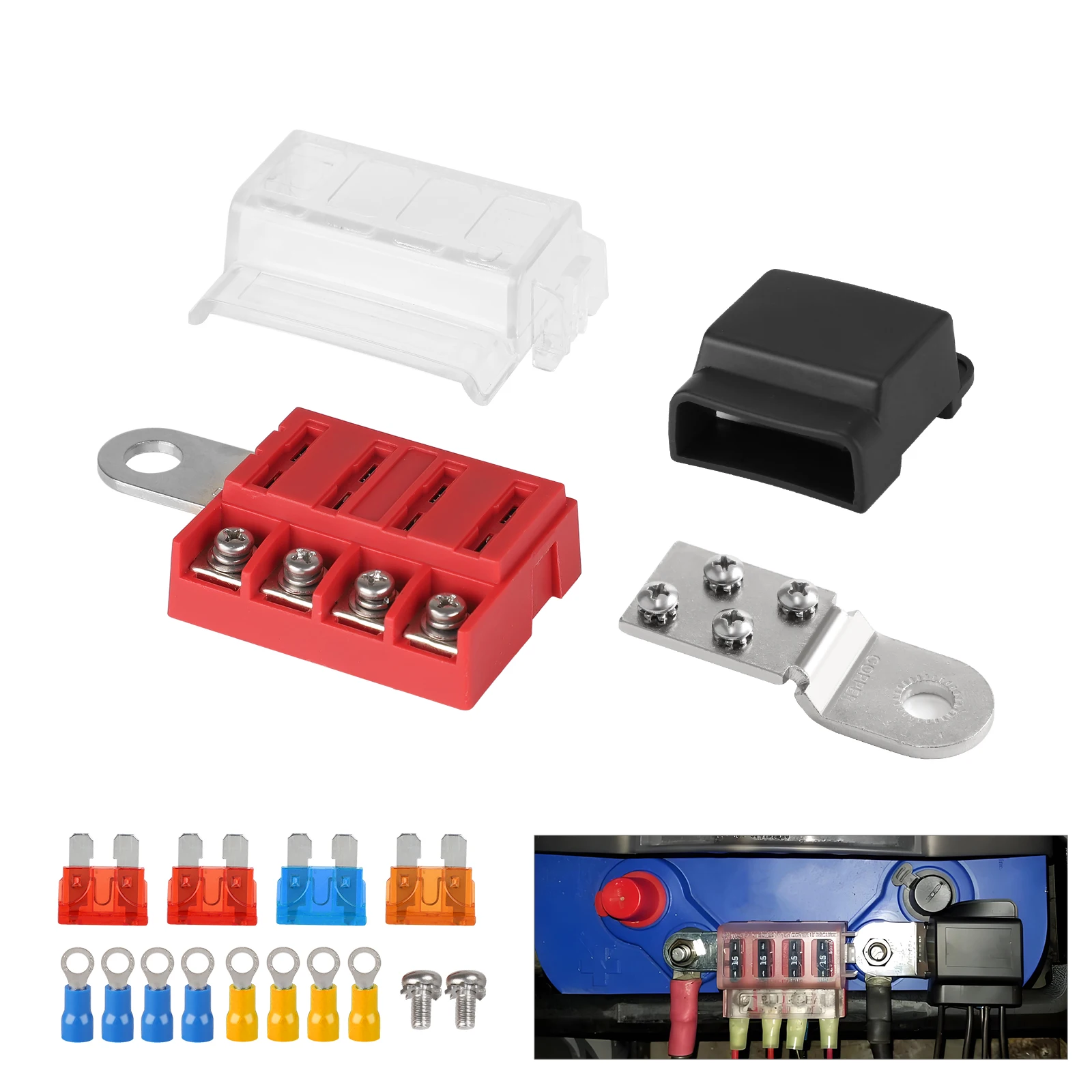 

ST Blade Fuse Block Battery Terminal Mount 4 Way Circuit Kit 100A 32V For Car Yacht Truck Busbar Fuse Kit For Automotive Boating