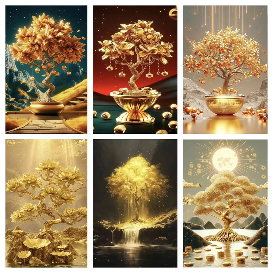 5DDIY Diamond Painting Modern Minimalist Golden Tree Yuanbao Landscape Painting Mosaic European Art Porch Home Decoration