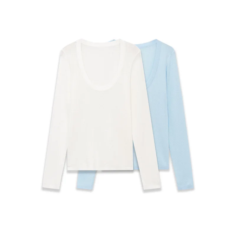 Maxdutti 2026 Spring New Product Women's Fashion Thin T-shirt Long Sleeve Round Neck Solid Color Top