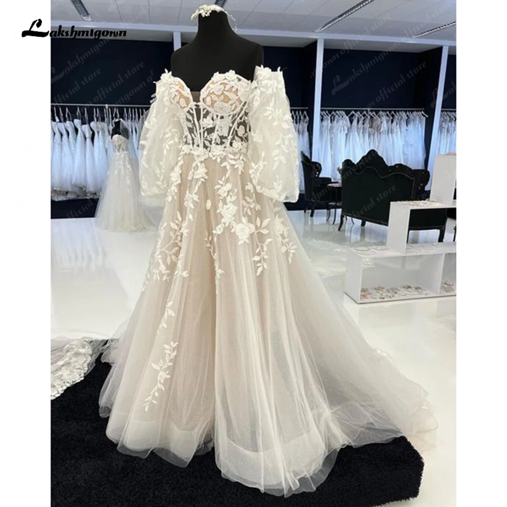 Lakshmigown Off Shoulder Long Puffy Sleeves Wedding Dress for Women Sweetheart Neckline Lace Appliques Bridal Gown trouwjurk