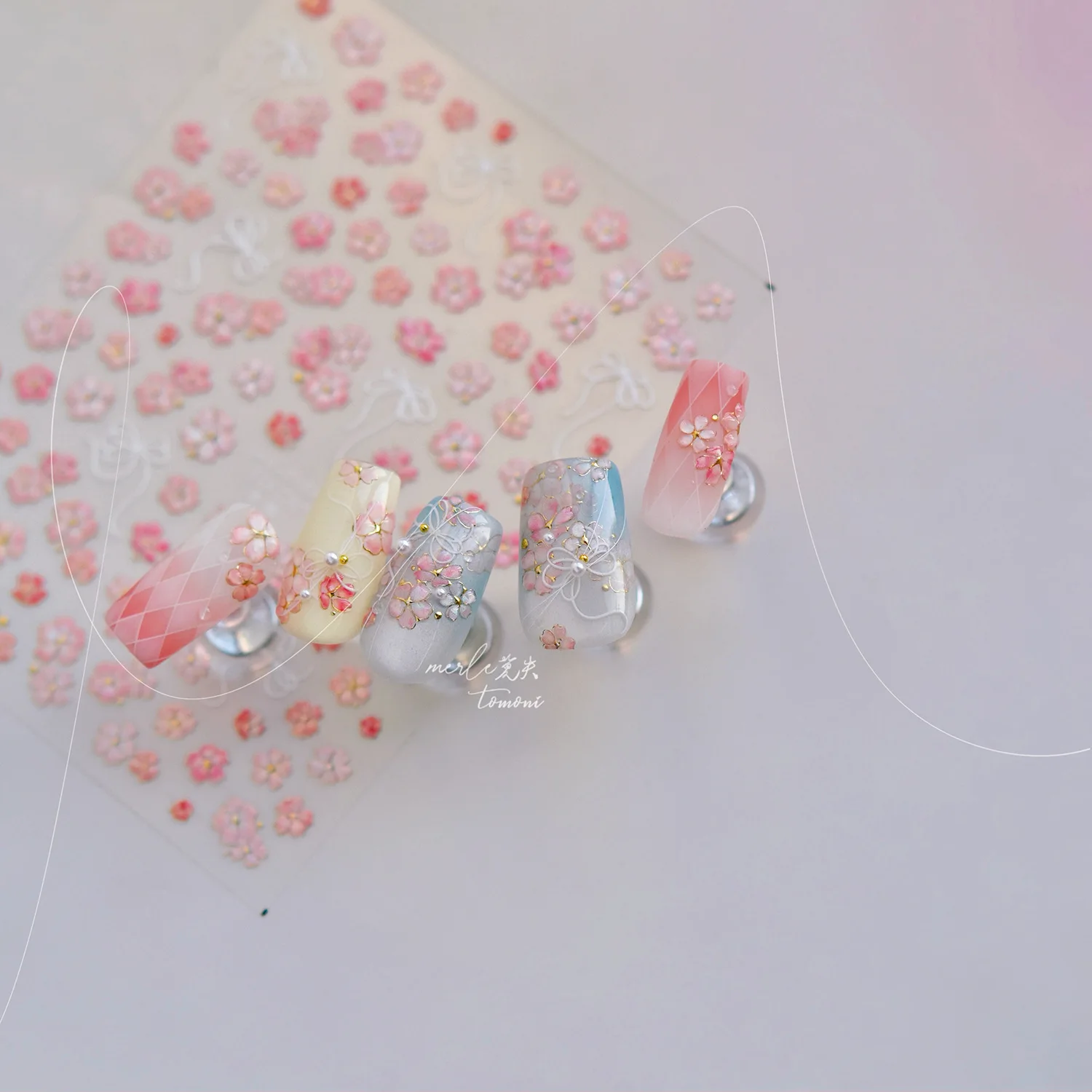 Metal Nail Stickers 3D Peach Blossom Pink Petal Flower Line Bowknot Halo Dyeing Adhesive Nail Art Sticker Design Decoration DIY