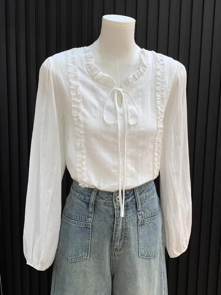 

Elegant White Shirt Women's Early Autumn Spring Lightweight Luxury Lace Collar Tie Design Casual Slimming Korean Style