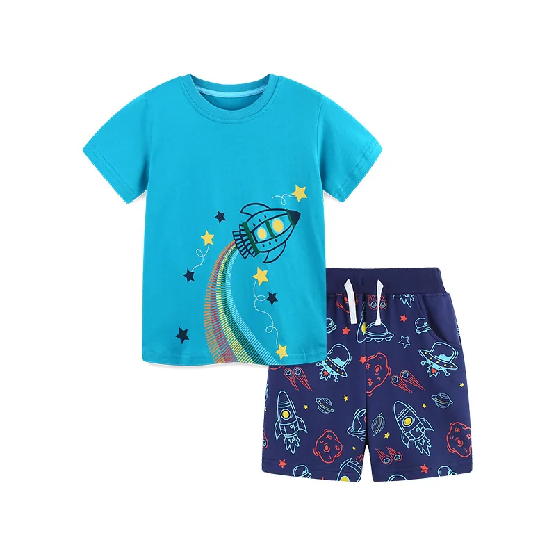 Jumping Meters Neue Ankunft Rocket Print Outfits Tops + Shorts 2 Stück für Sommer Jungen Mädchen Kleidung Sets 2 Stück Baby Mode Anzüge