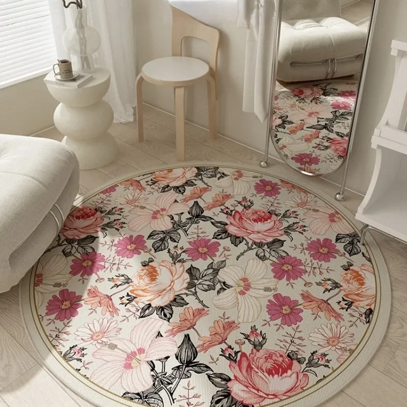 

Carpet for Living Room Pink Floral Bedroom Bedside Fluffy Rug American Retro Round Cloakroom Dressing Table Soft Mat Tapis 러그