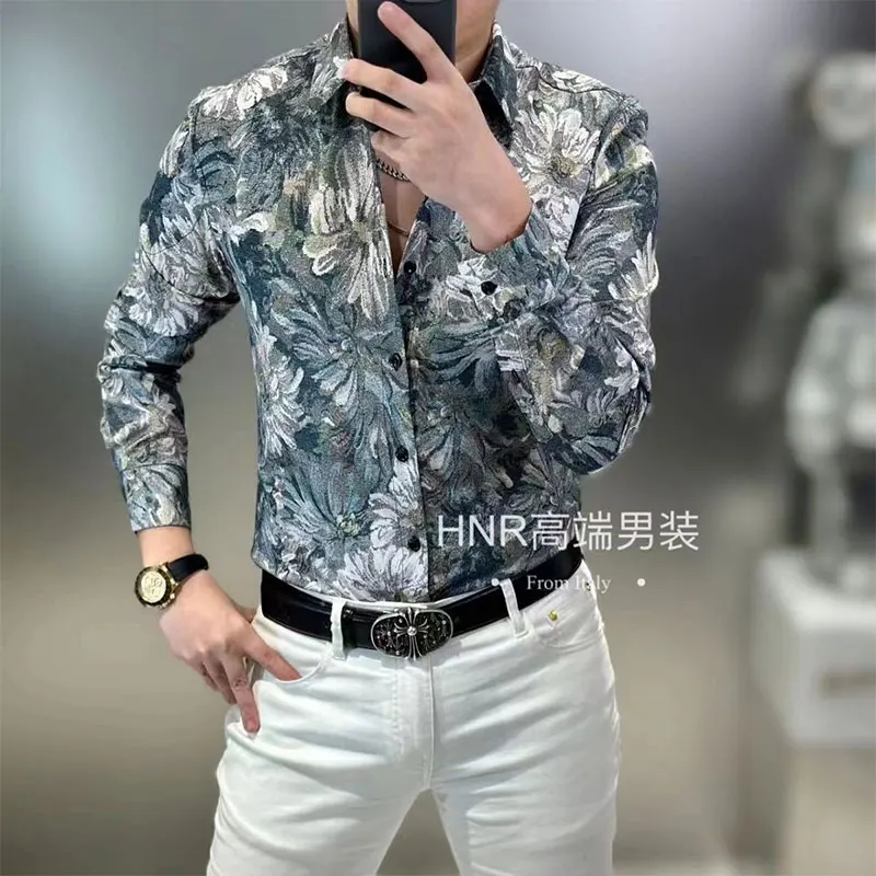 2024 Elegant Fashion Harajuku Slim Fit All Match Shirt Square Neck Printed Button Long Sleeve Outerwear Loose Sport Ropa Hombre