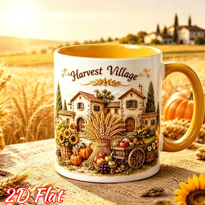 Personalized Harvest Village Mug 11oz Custom Name Fall Autumn Theme Ceramic Coffee Cup Gift for Country Style Lover Thanksgiving
